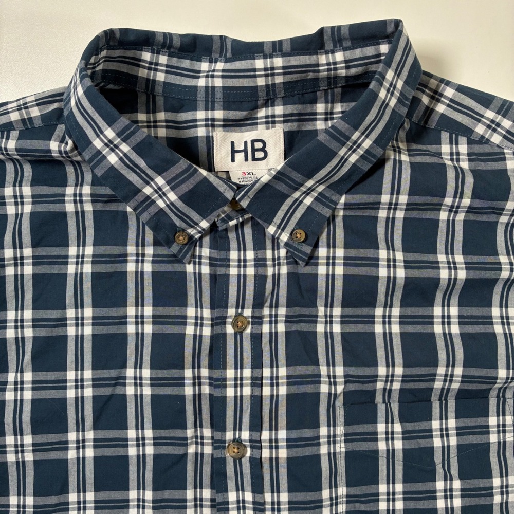 HB Harbor Bay Button Down Shirt 3XL Blue Plaid Short Sleeve Casual Pocket